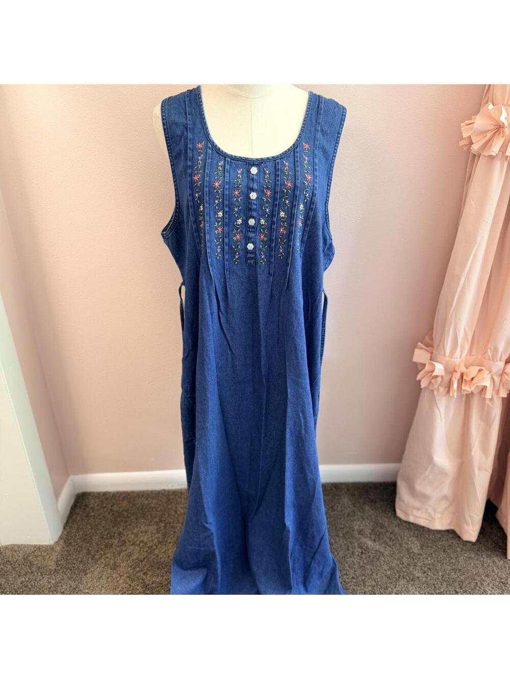 Vintage Editions Embroidered Denim Maxi Dress – Size Large